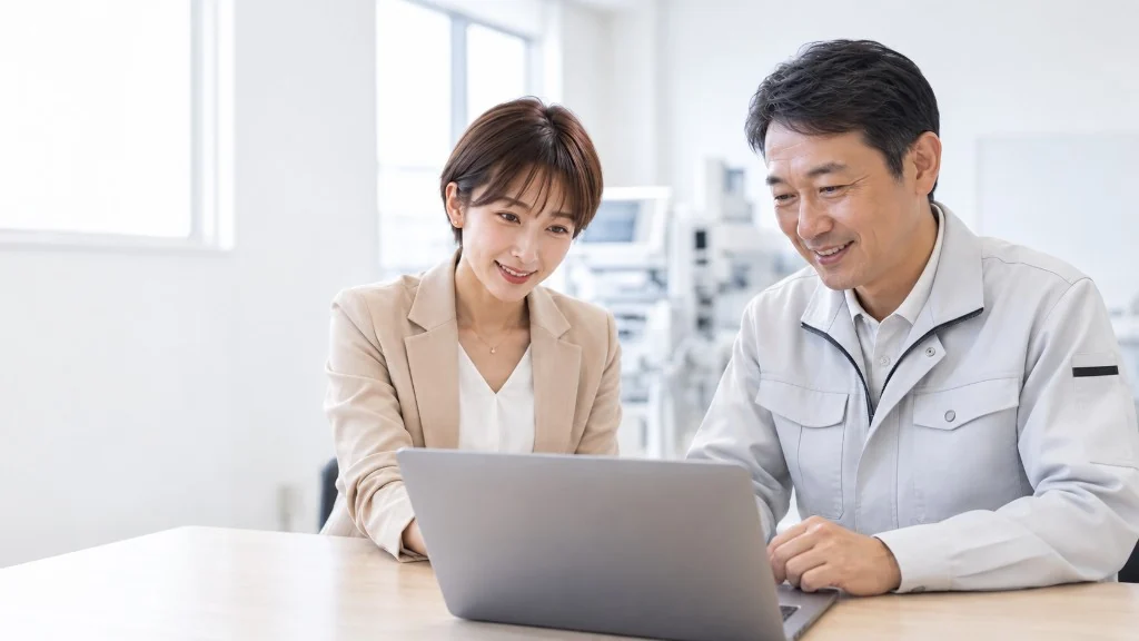 工場の打ち合わせで、担当者と現場責任者がパソコンを確認するイメージ