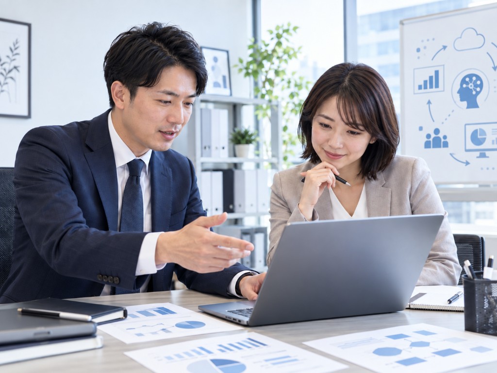 パソコンと資料を見ながら打ち合わせをするビジネスパーソンのイメージ