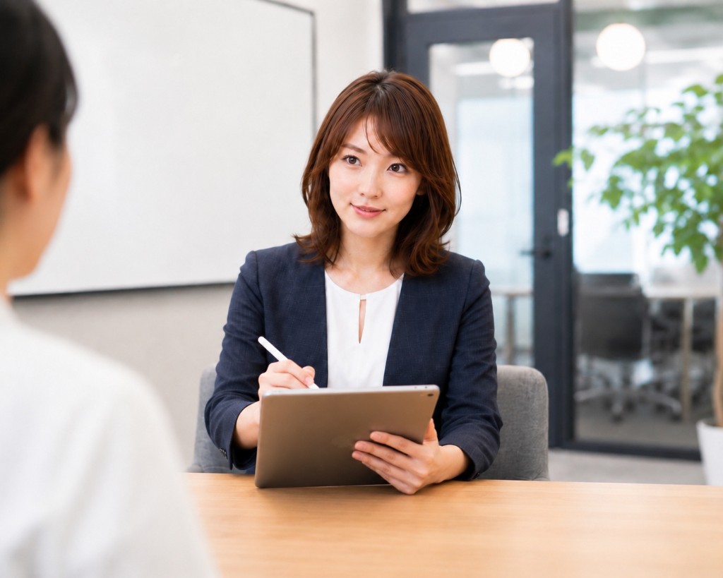 タブレットを手に初回相談をするビジネスパーソンのイメージ