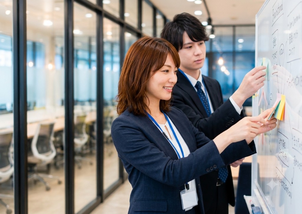 ホワイトボードで実行内容を確認するビジネスパーソンのイメージ