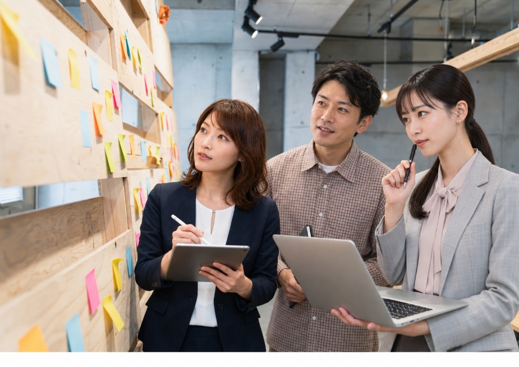 付箋を見ながら運用と改善を話し合うビジネスパーソンのイメージ