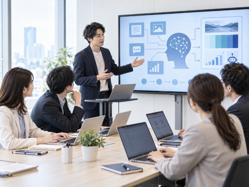 生成AIの活用について説明するビジネスパーソンのイメージ